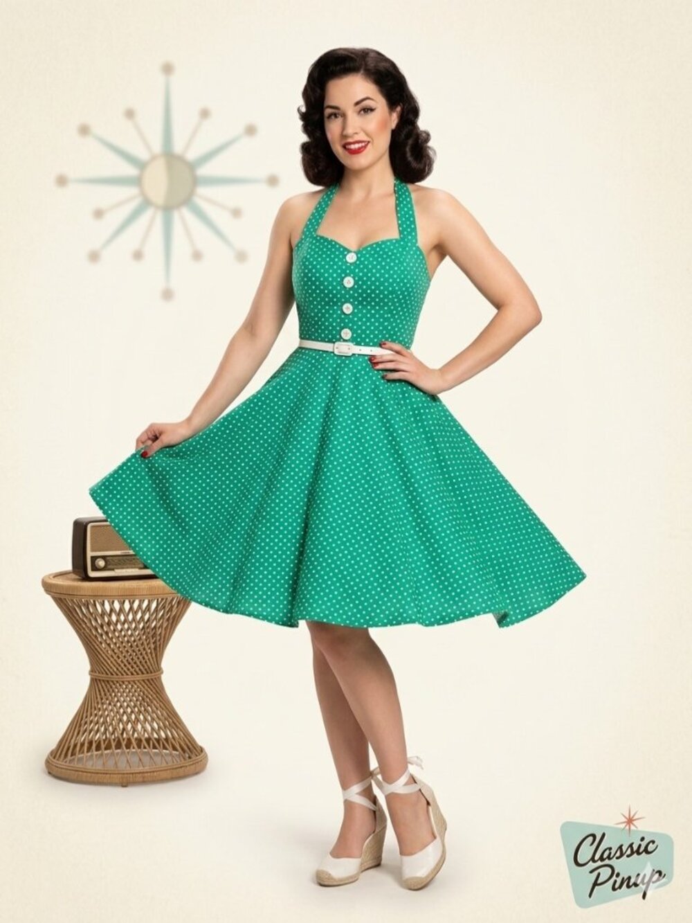 Boutique Polka Dot Halter Pin Up Dress Green Size M Retro 50’s Dress Up Kitch